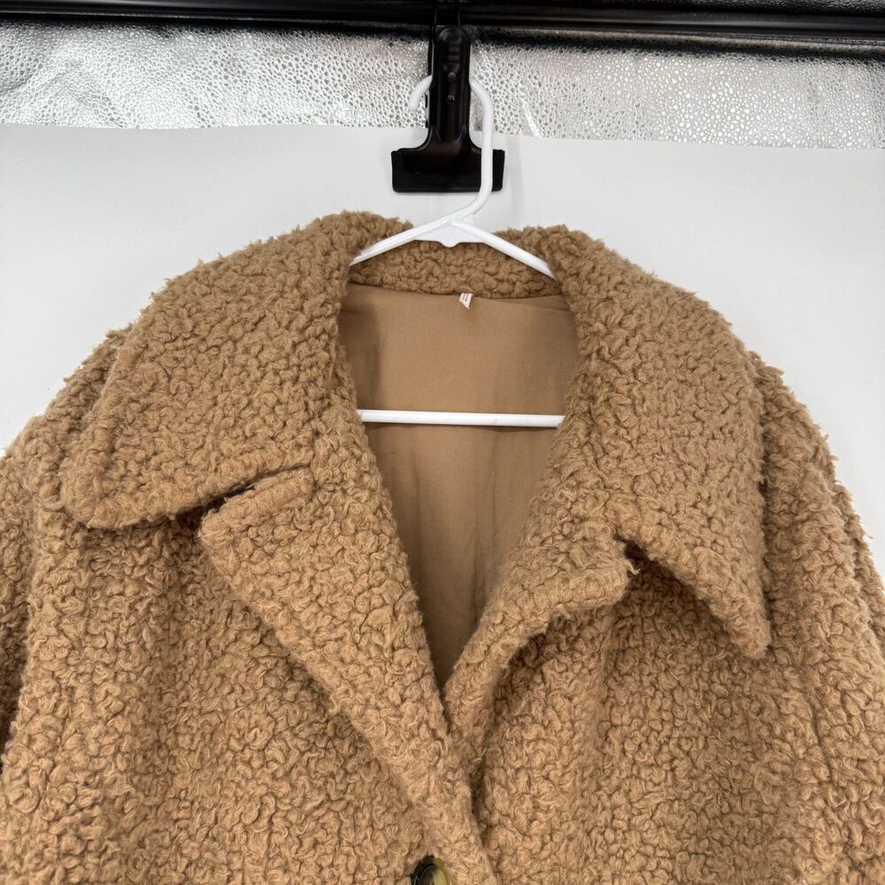 FREE PEOPLE Coat Jacket So Soft Cozy Camel Brown Teddy Sherpa Boho Softgirl Sz L - Picture 2 of 12
